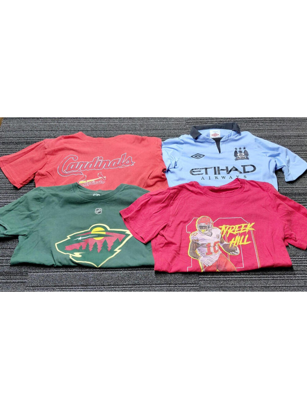 Lot Of 4 Youth Large Sports T Shirts Chiefs /Manchester City /Wild/Cardinals